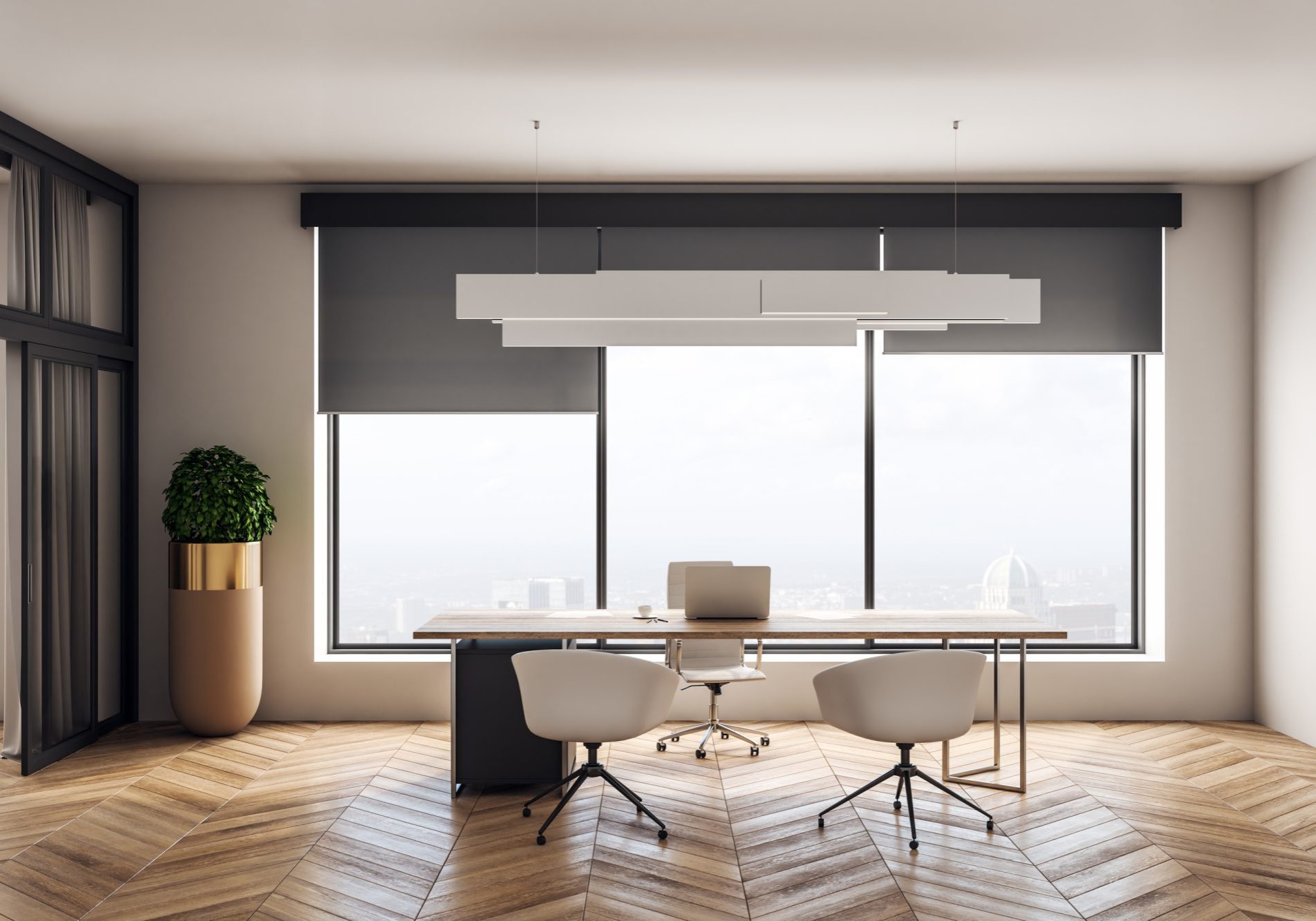 Modern office interior with desktop and chairs, window with city view and daylight, wooden floor and concrete walls. 3D Rendering